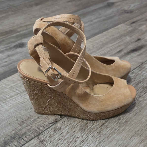 ANTONIO MELANI Shoes - Antonio Melani Camel Tan Suede Leather Lace Wedge Heels Shoes